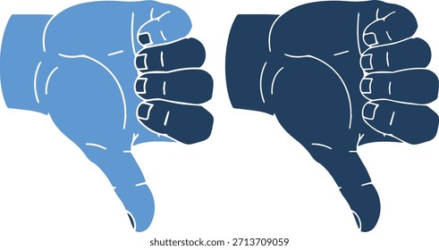 Uma ilustração gráfica de dois sinais polegares para baixo, um em azul claro e outro em azul escuro, apresentados lado a lado em um fundo branco puro.