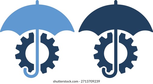Una ilustración gráfica de dos paraguas en azul claro y azul oscuro con iconos de engranajes en el interior, sobre un fondo blanco puro, que simboliza la protección y la mecánica.