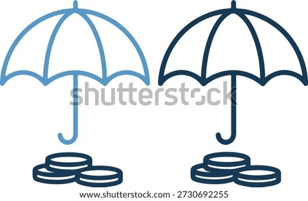A graphic illustration of two umbrellas, one light blue and one dark blue, each with a stack of coins underneath, symbolizing financial protection and security on a white background