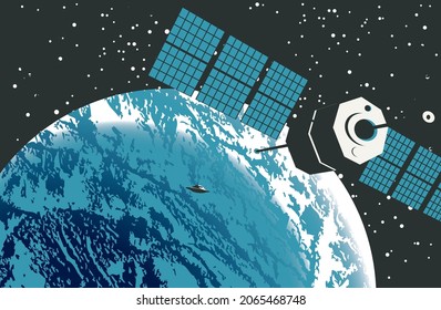 Graphic illustration with a UFO and satellite on the background of planet Earth and starry cosmic space, a view from space. Extraterrestrial flying saucer. Vector banner on the theme of alien invasion