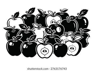 Graphic illustration of various apples gathered together. Hand drawn fruit silhouettes featuring whole bitten and sliced pieces. Healthy organic food concept art.
