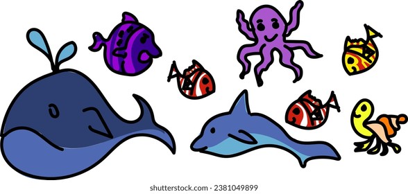 graphic illustration of various sea animals playing around, great vector for logos, banners, covers, children's drawings, and more