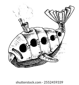 Ilustración gráfica en formato Vector. Ballena mecánica. Estilo Steampunk. Aplicación: Tatuaje, diseño de camiseta, atributos de roca, etc.