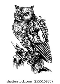 Graphic illustration in vector format.Steampunk owl. Application: Tattoo, T-shirt design, rock attributes, etc.