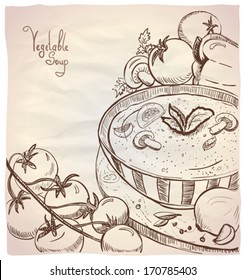 Ilustración gráfica de sopa de verduras con tomates y champiñones. Eps10.