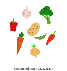 Graphic illustration of vegetables consisting of assorted chilies, potatoes, broccoli, carrots, peppers, garlic