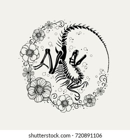 Graphic illustration of velociraptor skeleton and flowers