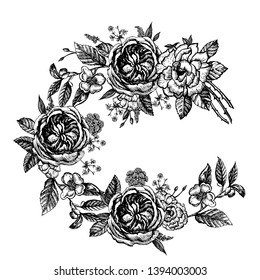 Graphic illustration with vintage flowers. Hand line art. Botanical sketch. Vector illustration. Wreath of flowers. Elegant frame for your cover or invitation.