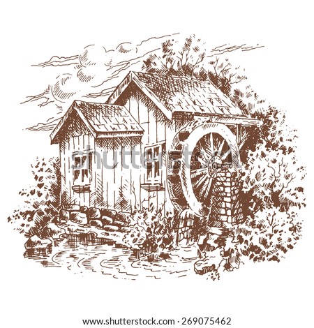 Graphic Illustration - Water Mill - Illustration