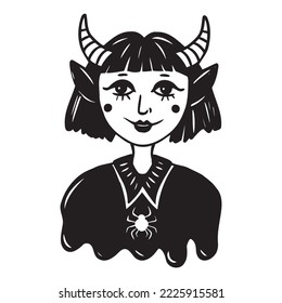 Graphic illustration of weird scary girl with a horn. Graphic esoteric weirdcore illustration