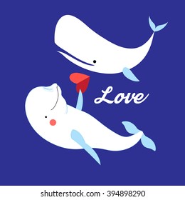 Graphic illustration of white whales in love on a blue background

