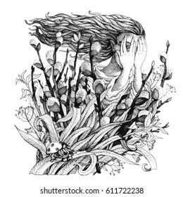 Graphic illustration "Willow". Imitation engraving techniques. Vector.