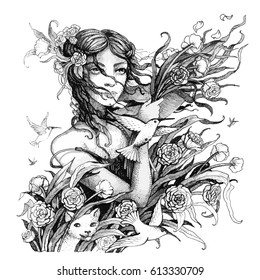 Graphic illustration "Windy mood". Imitation engraving techniques. Vector.