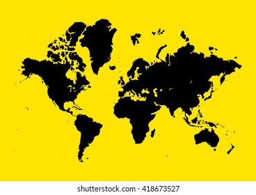 Graphic illustration of world map on yellow background.