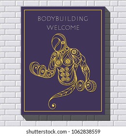 Graphic illustration of young bodybuilder man. Vector for sport club label, banner or poster design.