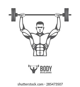 Graphic illustration of young bodybuilder man lifting barbell for sport club logo, label, banner or poster design plus small silhouette icon isolated on white background