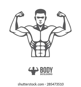 Graphic Illustration Of Young Bodybuilder Man Torso With Big Muscles For Sport Club Logo, Label, Banner Or Poster Design Plus Small Silhouette Icon Isolated On White Background