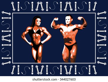 Graphic illustration of young bodybuilder man and woman. Vector for sport club label, banner or poster design.