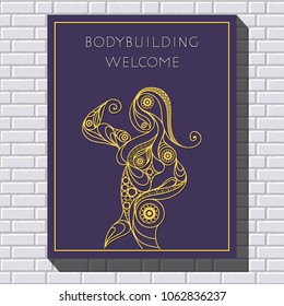Graphic illustration of young bodybuilder woman. Vector for sport club label, banner or poster design.