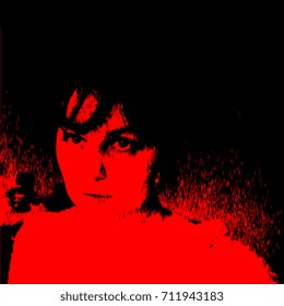 Graphic illustration of a young woman. Black image on bloody red background.