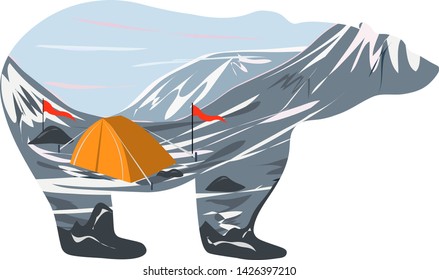 Graphic illustration.Orange tourist tent at the foot of the snow-capped mountains. Illustration for t-shirts, trenches or covers.