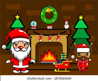 
Graphic illustrations of designs of Santa Claus and reindeer near the fireplace and Christmas decorations