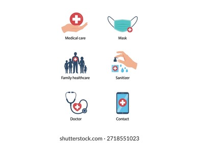 Graphic illustrations representing various aspects of medical care and health protection. mask