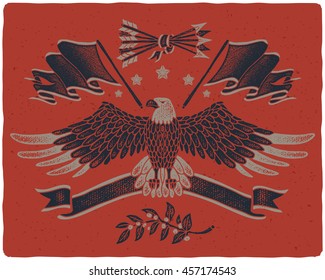 Graphic illustrations set in American style. Grunge texture hand drawn images of bald eagle spreading his wings, flag, ribbon, arrows and laurel branch