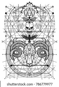 Graphic illustrations with symbols of death and devil signs. Fantasy and secret societies emblems, occult and spiritual mystic drawings. Tattoo design, new world order. 