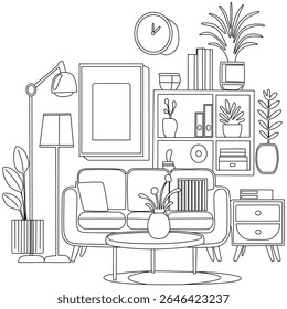 graphic illustrations of warm and modern home interior style living room sets, complete with sofas, tables, plants, and wall decorations.