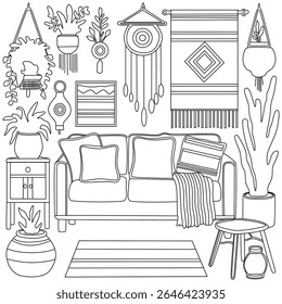 graphic illustrations of warm and modern home interior style living room sets, complete with sofas, tables, plants, and wall decorations.