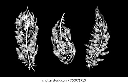 Graphic image of bird feathers, set. Monochrome. Imitation of embroidery on fabric. Vector illustration. Black and white. Hand drawing.