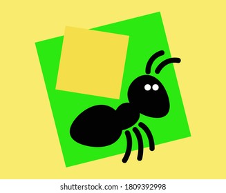 Graphic image of a black ant with a load on its back. Logo template. Vector image for logo or illustration.