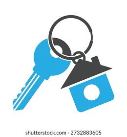 A graphic image of a blue key and house keychain on a metal ring