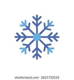 Graphic image of a blue snowflake with simple design on White backdrop. Vector illustration in flat style for various winter themes.