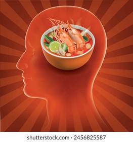 Graphic image of a bowl of tom yum shrimp in the human brain.