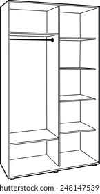 Graphic image of a cabinet, drawing for an instruction or manual, line art furniture in a room, coloring page