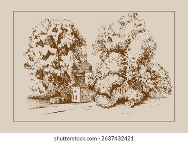 Graphic image of a church among trees. Church in the botanical garden in Kyiv, Ukraine. Can be used as an illustration in a book, print on a T-shirt, etc.