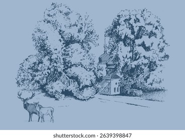 Graphic image of a church among trees. Church in the botanical garden in Kyiv, Ukraine. Can be used as an illustration in a book, print on a T-shirt, etc.