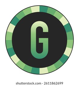 Graphic Image of a Circle with Lime Green, Emerald Green, and Off-White Gradients Featuring a Prominent Dark Green Capital Letter “G” on a Solid Black Background, enclosed in a black frame.