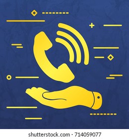 graphic image concept of hand showing black phone receiver icon on a blue paper layer background