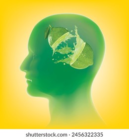 Imagen gráfica de un limón cortado y su jugo esparciéndose en el cerebro humano.