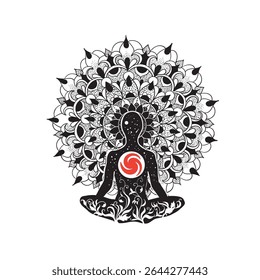 Graphic image drawn by hands of stylish person in lotus position with mandala