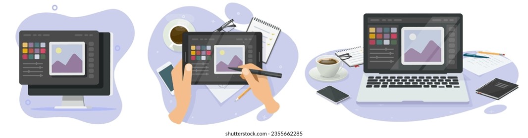 Graphic image editor on computer icon vector 3d illustration, tablet device photo retouch software program on screen, laptop pc table desk digital illustrator picture creation, drawing designer app