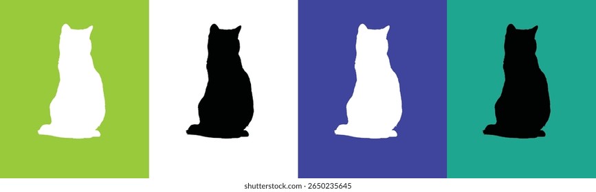 A graphic image featuring four vertical panels. The first panel has a white cat silhouette against a lime green background.