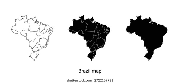 A graphic image featuring three distinct representations of the Brazil map, including a dotted outline, a dotted filled map, and a solid black silhouette, all on a white background.
