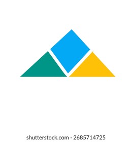 Uma imagem gráfica com três formas geométricas organizadas como uma montanha ou pirâmide. As formas são um losango azul e dois triângulos, um azul-petróleo e um amarelo, sobre um fundo branco.