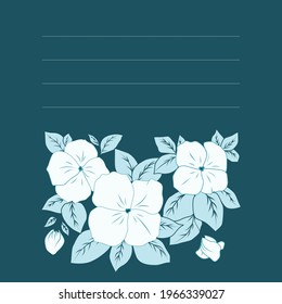 Graphic image of a flower illustration, isolated drawing of flower branches of an apple tree on a colored background, contour of flowers and leaves for design of a postcard or banner