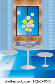 Graphic image of a flower vase beside a window