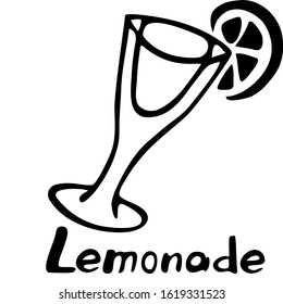 Graphic image of a glass of lemonade with a drink. Thick line. Ink. Emblem